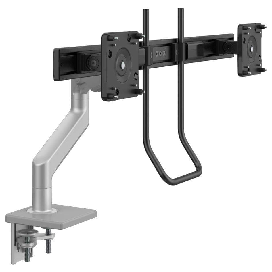 Humanscale Monitor Arm S - Silver with Gray Trim / Two-Piece Clamp Mount with Base / H - Crossbar for 2 monitors with Handle Humanscale M8.1 Heavy Duty Single or Dual Monitor Arm
