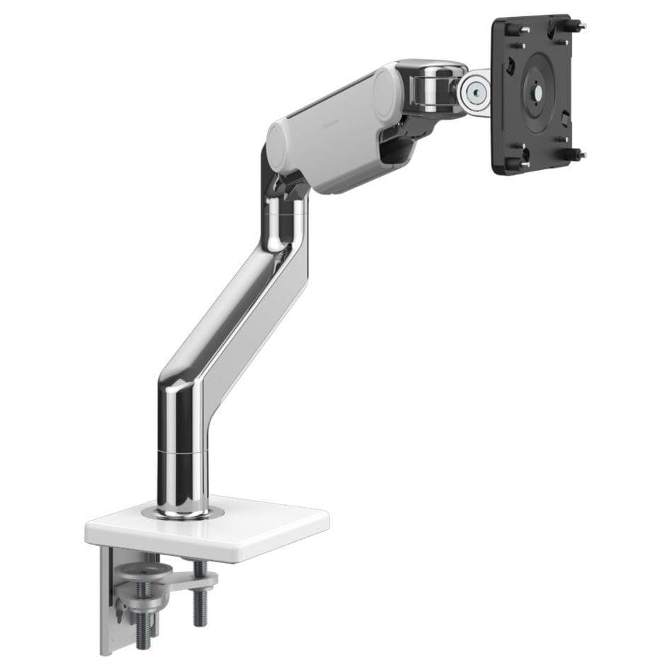 Humanscale Monitor Arm W - Polished Aluminum with White Trim / Two-Piece Clamp Mount with Base / T - Standard Monitor Tilt Humanscale M8.1 Heavy Duty Single or Dual Monitor Arm