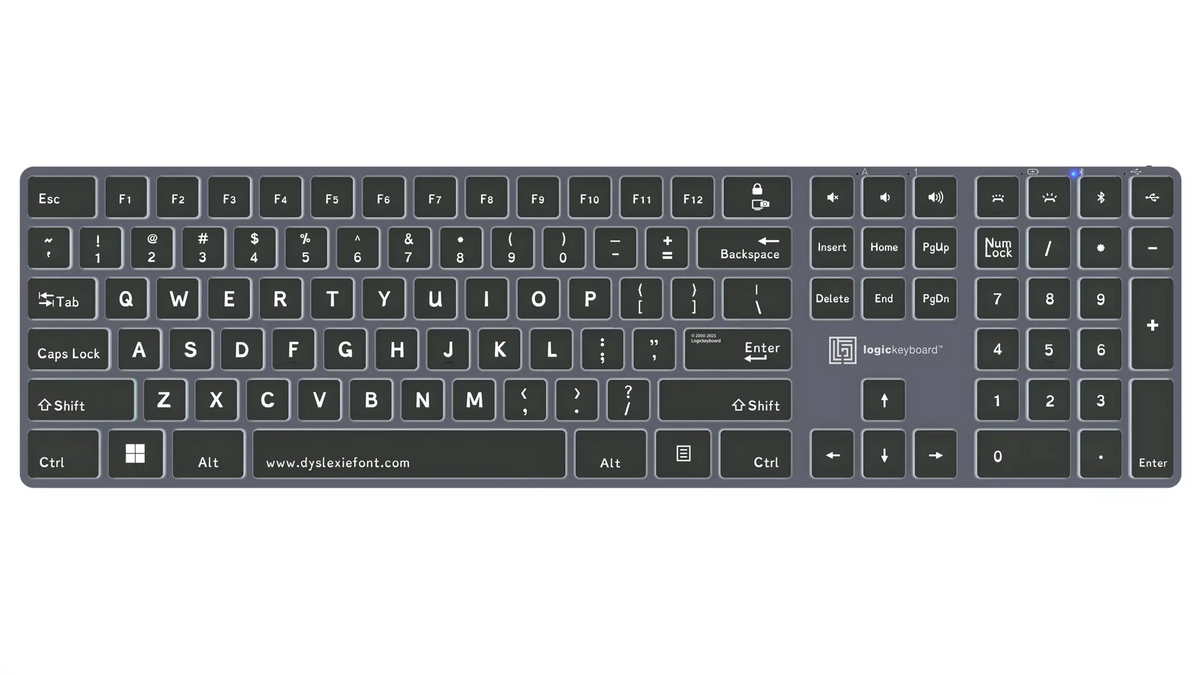 Logickeyboard TITAN Dyslexie® Wireless Backlit Keyboard for Windows | Bluetooth & USB-C | LKB-DYSLEX-TPC-US
