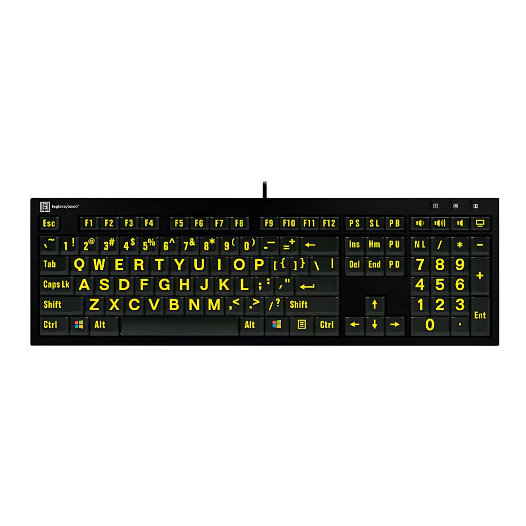 Large Print Keyboard Yellow on Black - High Contrast for Low Vision