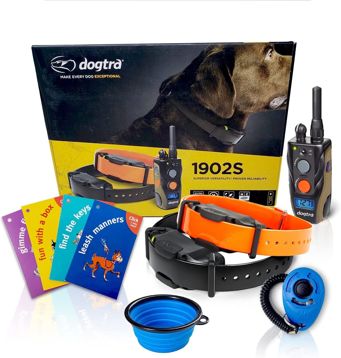 Dogtra 1902S Two Dog Remote Training Collar - 3/4 Mile Range, Rechargeable, Waterproof - Plus 1 iClick Training Card, Jestik Click Trainer - Value Bundle