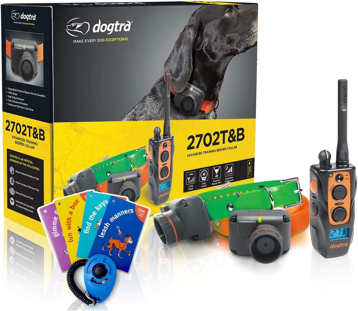 Dogtra 2702T&B Two Dogs Remote Training and Beeper Collar - 1 Mile Range, Rechargeable, Waterproof - Plus 1 iClick Training Card, Jestik Click Trainer - Value Bundle