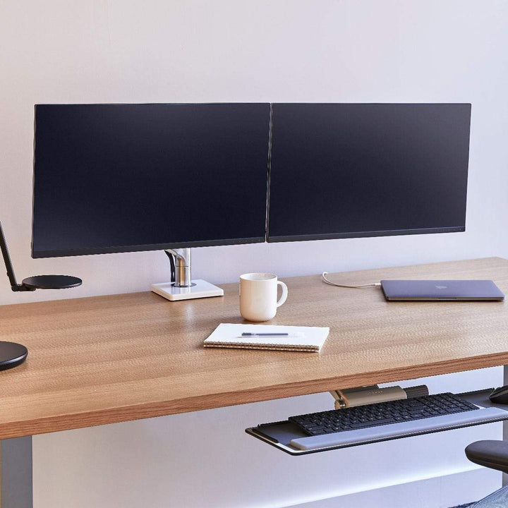 Humanscale Monitor Arm S - Silver with Gray Trim / Two-Piece Clamp Mount with Base / T - Standard Monitor Tilt Humanscale M8.1 Heavy Duty Single or Dual Monitor Arm