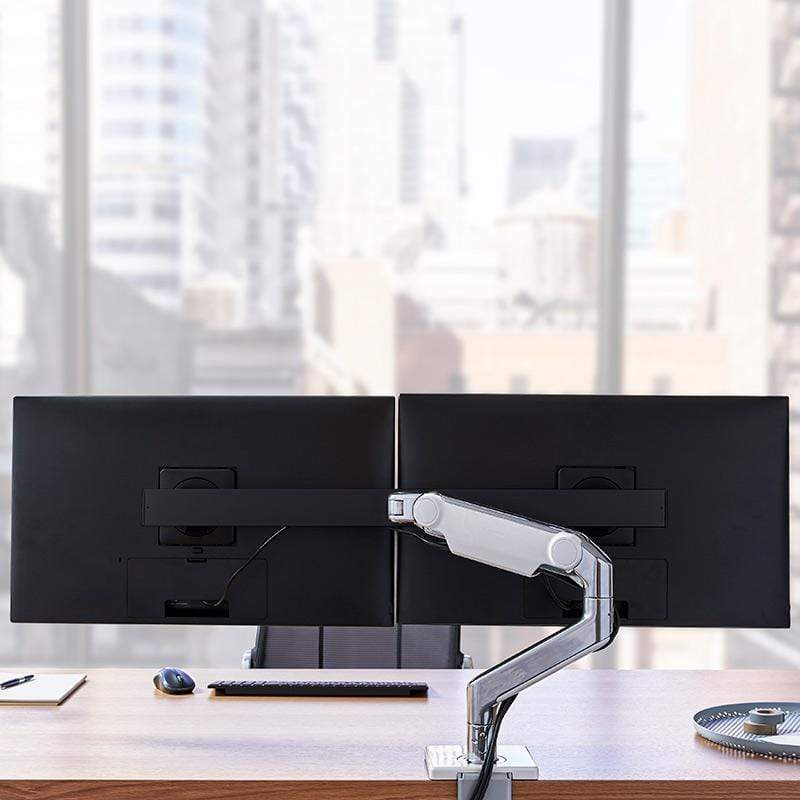 Humanscale Monitor Arm S - Silver with Gray Trim / Two-Piece Clamp Mount with Base / T - Standard Monitor Tilt Humanscale M8.1 Heavy Duty Single or Dual Monitor Arm