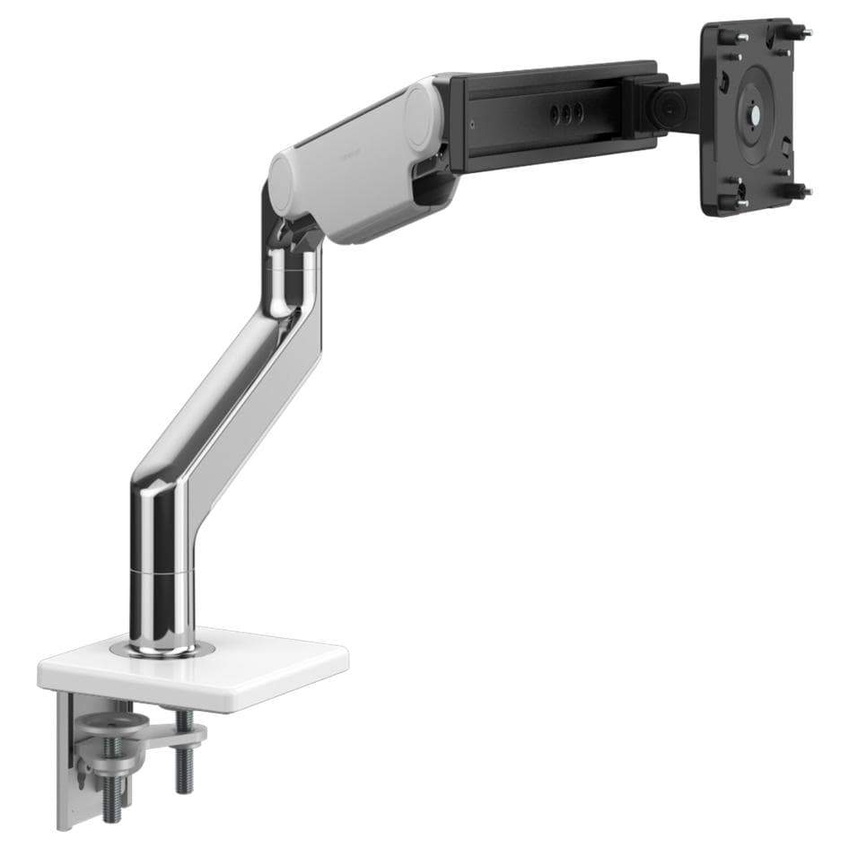 Humanscale Monitor Arm W - Polished Aluminum with White Trim / Two-Piece Clamp Mount with Base / S - Slider For Single Monitor Humanscale M8.1 Heavy Duty Single or Dual Monitor Arm