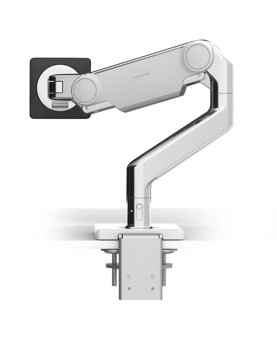 Humanscale Single Monitor Arm W - Polished Aluminum with White Trim / CM - Two-Piece Clamp Mount with Base Humanscale M10 Heavy Duty Monitor arm Holds up to 48lbs